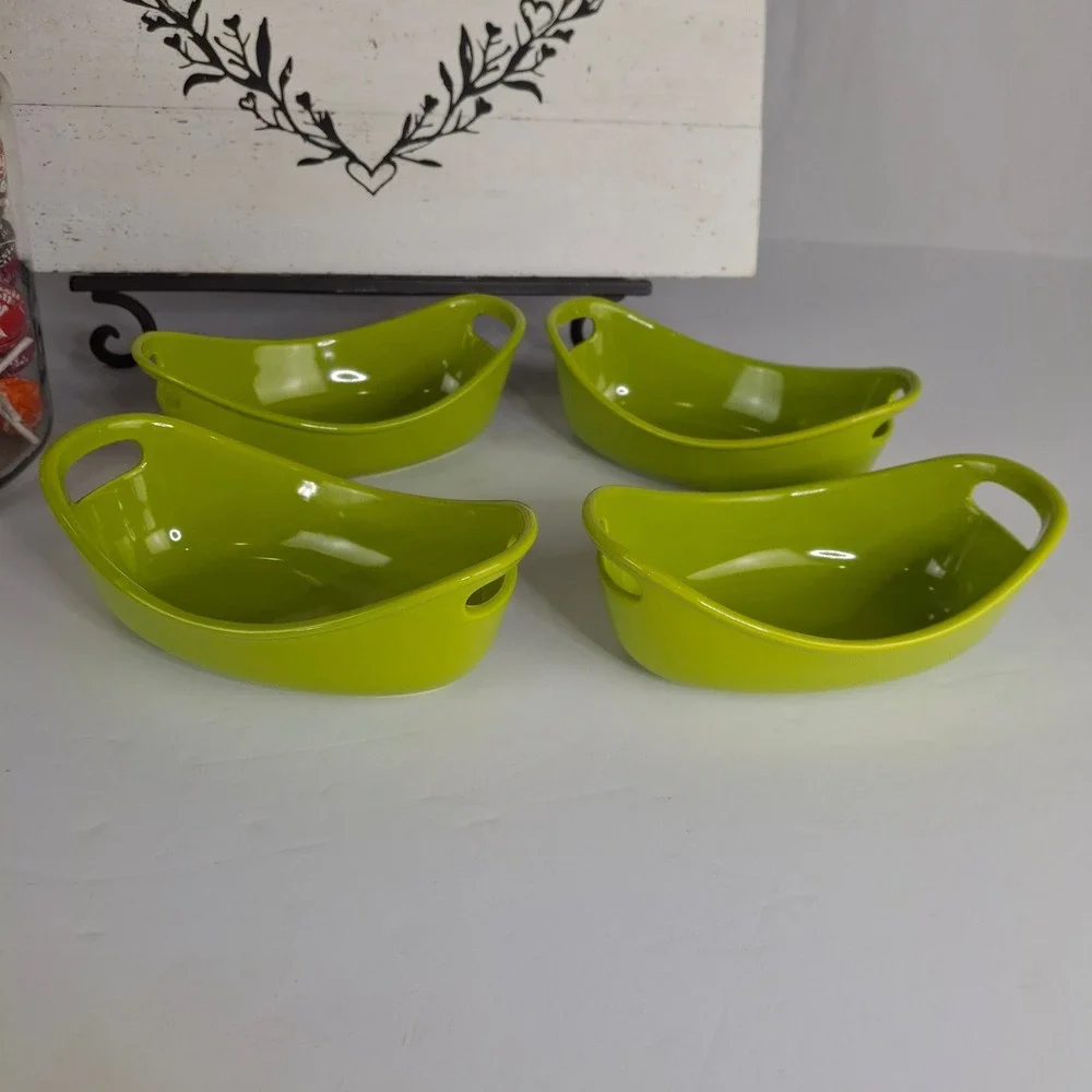 Rachael Ray Lime Green Stoneware 12 oz Oval Ramekins Set of 4 Mini Bakers